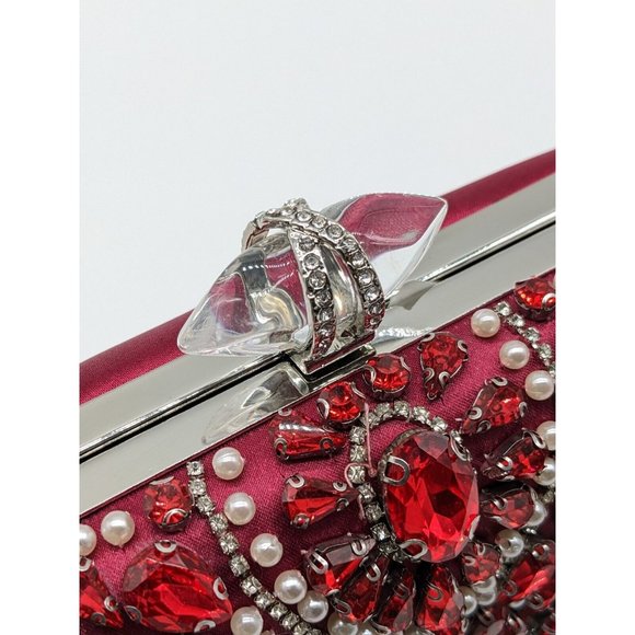 INC Ranndi beaded embellished crystal clutch minaudiere - RED/SILVER - Picture 9 of 14